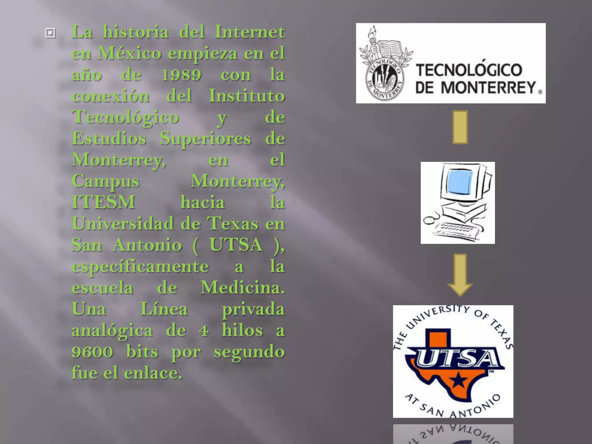 La historia del Internet en México empieza en el año de 1989 con la conexión del Instituto Tecnológico y de Estudios Superiores de Monterrey, en el Campus Monterrey, ITESM hacia la Universidad de Texas en San Antonio ( UTSA ), específicamente a la escuela de Medicina. Una Línea privada analógica de 4 hilos a 9600 bits por segundo fue el enlace.