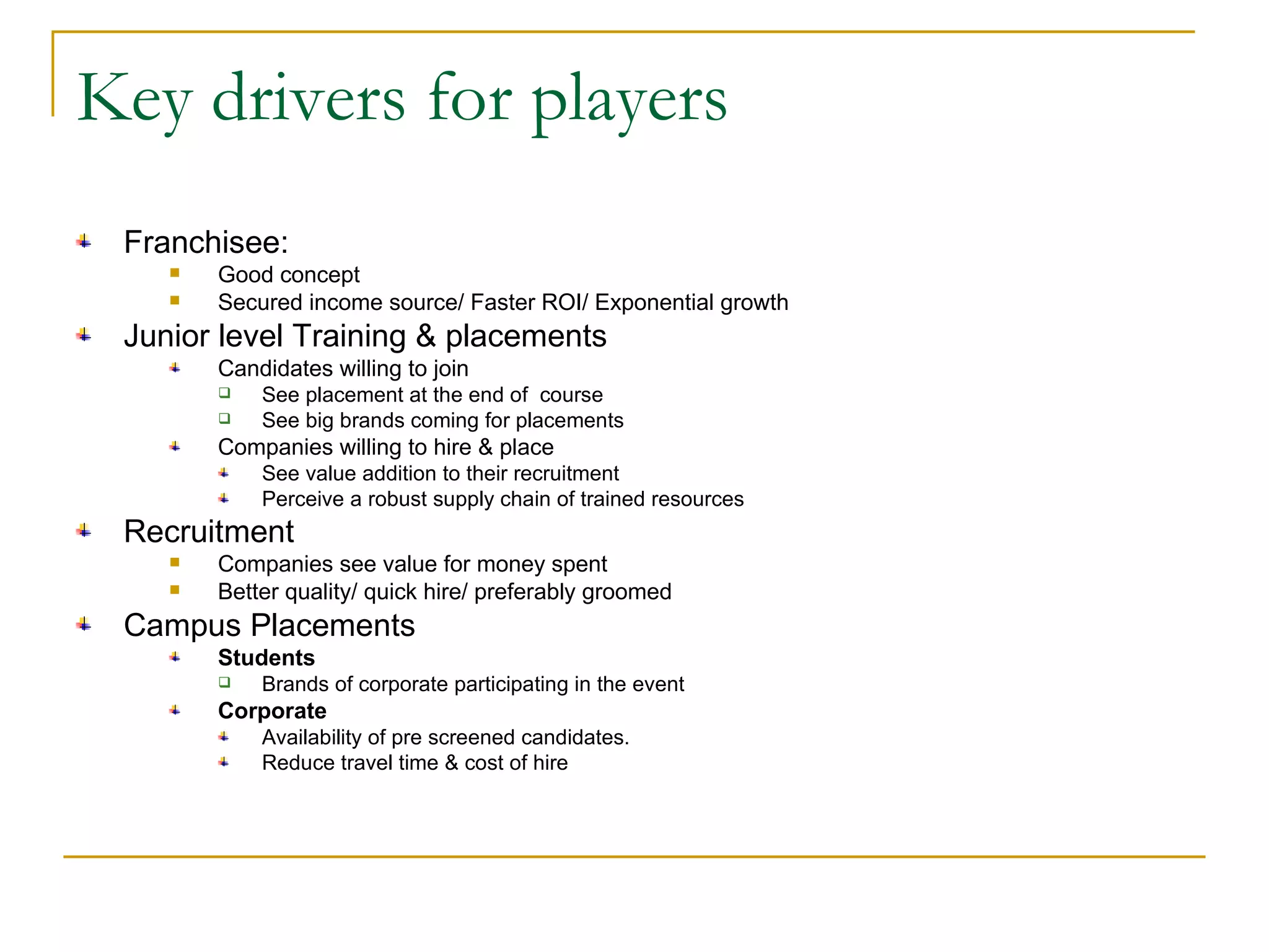 Key drivers for players Franchisee: Good concept Secured income source/ Faster ROI/ Exponential growth Junior level Training & placements Candidates willing to join See placement at the end of  course See big brands coming for placements Companies willing to hire & place See value addition to their recruitment Perceive a robust supply chain of trained resources Recruitment Companies see value for money spent Better quality/ quick hire/ preferably groomed Campus Placements Students Brands of corporate participating in the event Corporate Availability of pre screened candidates. Reduce travel time & cost of hire 