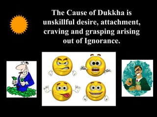 The Cause of Dukkha is unskillful desire, attachment, craving and grasping arising out of Ignorance. 