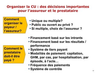Organiser la CU : des décisions importantes
pour l’assureur et le prestataire
Comment
organiser le
payeur /
l’assureur?
Comment le
prestataire
doit-il être
payé ?
▪ Unique ou multiple?
▪ Public ou ouvert au privé ?
▪ Si multiple, choix de l’assureur ?
▪ Financement basé sur les intrants
▪ Financement basé sur les résultats /
performance
▪ Système de tiers payant
▪ Modalités de paiement: capitation,
GHM, par cas, par hospitalisation, par
épisode, à l’acte…
▪ Fréquence des paiements
▪ Système de contrôle 17
 