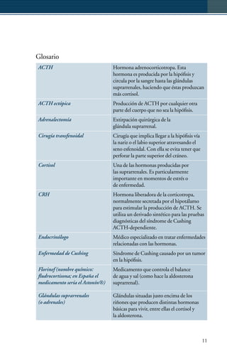 Glosario
ACTH                             Hormona adrenocorticotropa. Esta
                                 hormona es producida por la hipófisis y
                                 circula por la sangre hasta las glándulas
                                 suprarrenales, haciendo que éstas produzcan
                                 más cortisol.
ACTH ectópica                    Producción de ACTH por cualquier otra
                                 parte del cuerpo que no sea la hipófisis.
Adrenalectomía                   Extirpación quirúrgica de la
                                 glándula suprarrenal.
Cirugía transfenoidal            Cirugía que implica llegar a la hipófisis vía
                                 la nariz o el labio superior atravesando el
                                 seno esfenoidal. Con ella se evita tener que
                                 perforar la parte superior del cráneo.
Cortisol                         Una de las hormonas producidas por
                                 las suprarrenales. Es particularmente
                                 importante en momentos de estrés o
                                 de enfermedad.
CRH                              Hormona liberadora de la corticotropa,
                                 normalmente secretada por el hipotálamo
                                 para estimular la producción de ACTH. Se
                                 utiliza un derivado sintético para las pruebas
                                 diagnósticas del síndrome de Cushing
                                 ACTH-dependiente.
Endocrinólogo                    Médico especializado en tratar enfermedades
                                 relacionadas con las hormonas.
Enfermedad de Cushing            Síndrome de Cushing causado por un tumor
                                 en la hipófisis.
Florinef (nombre químico:        Medicamento que controla el balance
fludrocortisona; en España el    de agua y sal (como hace la aldosterona
medicamento sería el Astonín®)   suprarrenal).

Glándulas suprarrenales          Glándulas situadas justo encima de los
(o adrenales)                    riñones que producen distintas hormonas
                                 básicas para vivir, entre ellas el cortisol y
                                 la aldosterona.



                                                                                 11
 