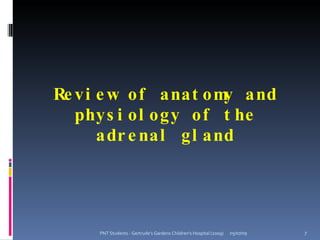 Re vi e w of anat om and
                     y
   phys i ol ogy of t he
      adr e nal gl and




    PNT Students - Gertrude's Gardens Children's Hospital (2009)   05/07/09   7
 