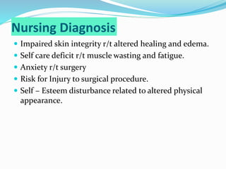 Nursing Diagnosis
 Impaired skin integrity r/t altered healing and edema.
 Self care deficit r/t muscle wasting and fatigue.
 Anxiety r/t surgery
 Risk for Injury to surgical procedure.
 Self – Esteem disturbance related to altered physical
appearance.
 