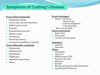 Symptoms of Cushing’s Disease
Excess Glucocorticoids:
 Weight gain/obesity
 Heavy trunk and thin extremities
 Buffalo hump in neck
 Thin skin
 Rounded face/moon face
 Muscles wasted
 Osteoporosis
 Mental Disturbance
 Increased susceptibility to infection.
Excess Mineralo-corticoids:
 Hypertension
 Hypernatremia
 Hypokalemia
 Weight gain
 Expanded blood volume
 Edema
Excess Antrogen:
 Women- Hirsutism
- Breast atropy
- Clitoris enlargement
- Voice masculine
• Men- Loss of Libido
Gastro Intestinal:
 Peptic Ulcer
 Pancreatitis
 Gastritis and Duodenitis
Ophthlmic:
 Cataracts
 Glaucoma
Others
 Tachycardia
 Fatty Liver
 Mild slowing on EEG
 Pituitary Adenoma
 Migraines
 Syncope
 Memory and cognitive skills diminished
 Superficial skin infections


 