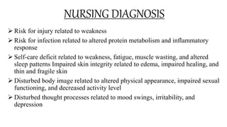 NURSING DIAGNOSIS
 Risk for injury related to weakness
 Risk for infection related to altered protein metabolism and inflammatory
response
 Self-care deficit related to weakness, fatigue, muscle wasting, and altered
sleep patterns Impaired skin integrity related to edema, impaired healing, and
thin and fragile skin
 Disturbed body image related to altered physical appearance, impaired sexual
functioning, and decreased activity level
 Disturbed thought processes related to mood swings, irritability, and
depression
 