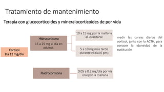 Tratamiento de mantenimiento
Terapia con glucocorticoides y mineralocorticoides de por vida
Cortisol
8 a 12 mg/día
Hidrocortisona
15 a 25 mg al día en
adultos.
10 a 15 mg por la mañana
al levantarse
5 a 10 mg más tarde
durante el día (6 pm)
medir las curvas diarias del
cortisol, junto con la ACTH, para
conocer la idoneidad de la
sustitución
Fludrocortisona
0.05 a 0.2 mg/día por vía
oral por la mañana
 