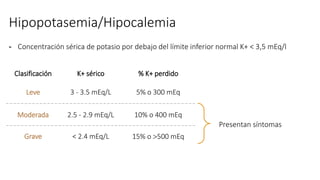 Hipopotasemia/Hipocalemia
Clasificación K+ sérico % K+ perdido
Leve 3 - 3.5 mEq/L 5% o 300 mEq
Moderada 2.5 - 2.9 mEq/L 10% o 400 mEq
Grave < 2.4 mEq/L 15% o 500 mEq
- Concentración sérica de potasio por debajo del límite inferior normal K+ < 3,5 mEq/l
Presentan síntomas
 