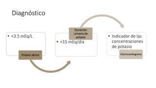 • <3.5 mEq/L
Potasio sérico
• <15 mEq/día
Excreción
urinaria de
potasio • Indicador de las
concentraciones
de potasio
Electrocardiograma
Diagnóstico
 