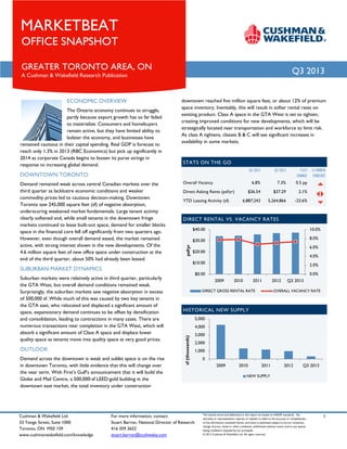 MARKETBEAT
OFFICE SNAPSHOT

GREATER TORONTO AREA, ON

Q3 2013

A Cushman & Wakefield Research Publication

ECONOMIC OVERVIEW
The Ontario economy continues to struggle,
partly because export growth has so far failed
to materialize. Consumers and homebuyers
remain active, but they have limited ability to
bolster the economy, and businesses have
remained cautious in their capital spending. Real GDP is forecast to
reach only 1.3% in 2013 (RBC Economics) but pick up significantly in
2014 as corporate Canada begins to loosen its purse strings in
response to increasing global demand.

downtown reached five million square feet, or about 12% of premium
space inventory. Inevitably, this will result in softer rental rates on
existing product. Class A space in the GTA West is set to tighten,
creating improved conditions for new developments, which will be
strategically located near transportation and workforce to limit risk.
As class A tightens, classes B & C will see significant increases in
availability in some markets.

STATS ON THE GO
Q3 2012

Q3 2013

Y-O-Y
CHANGE

6.8%

7.3%

0.5 pp

$36.54

$37.29

2.1%

6,887,243

5,264,866

-23.6%

DOWNTOWN TORONTO
Overall Vacancy
Direct Asking Rents (psf/yr)
YTD Leasing Activity (sf)

DIRECT RENTAL VS. VACANCY RATES
$40.00

Demand across the downtown is weak and sublet space is on the rise
in downtown Toronto, with little evidence that this will change over
the near term. With First’s Gulf’s announcement that it will build the
Globe and Mail Centre, a 500,000-sf LEED-gold building in the
downtown east market, the total inventory under construction

Cushman & Wakefield Ltd.
33 Yonge Street, Suite 1000
Toronto, ON M5E 1S9
www.cushmanwakefield.com/knowledge

6.0%

$20.00

4.0%
2.0%
0.0%

$0.00
2009

2010

2011

DIRECT GROSS RENTAL RATE

2012

Q3 2013

OVERALL VACANCY RATE

HISTORICAL NEW SUPPLY
5,000
4,000
sf (thousands)

OUTLOOK

8.0%

$10.00

SUBURBAN MARKET DYNAMICS
Suburban markets were relatively active in third quarter, particularly
the GTA West, but overall demand conditions remained weak.
Surprisingly, the suburban markets saw negative absorption in excess
of 500,000 sf. While much of this was caused by two key tenants in
the GTA east, who relocated and displaced a significant amount of
space, expansionary demand continues to be offset by densification
and consolidation, leading to contractions in many cases. There are
numerous transactions near completion in the GTA West, which will
absorb a significant amount of Class A space and displace lower
quality space as tenants move into quality space at very good prices.

10.0%

$30.00
psf/yr

Demand remained weak across central Canadian markets over the
third quarter as lacklustre economic conditions and weaker
commodity prices led to cautious decision-making. Downtown
Toronto saw 245,000 square feet (sf) of negative absorption,
underscoring weakened market fundamentals. Large tenant activity
clearly softened and, while small tenants in the downtown fringe
markets continued to lease built-out space, demand for smaller blocks
space in the financial core fell off significantly from two quarters ago.
However, even though overall demand eased, the market remained
active, with strong interest shown in the new developments. Of the
4.6 million square feet of new office space under construction at the
end of the third quarter, about 50% had already been leased.

12 MONTH
FORECAST

For more information, contact:
Stuart Barron, National Director of Research
416 359 2652
stuart.barron@cushwake.com

3,000
2,000
1,000
0
2009

2010

2011

2012

Q3 2013

NEW SUPPLY

The market terms and definitions in this report are based on NAIOP standards. No
warranty or representation, express or implied, is made to the accuracy or completeness
of the information contained herein, and same is submitted subject to errors, omissions,
change of price, rental or other conditions, withdrawal without notice, and to any special
listing conditions imposed by our principals.
© 2013 Cushman & Wakefield Ltd. All rights reserved.

1

 