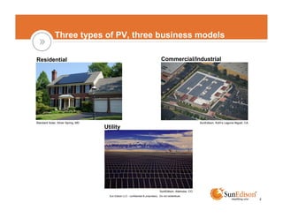 Three types of PV, three business models

Residential                                                                          Commercial/Industrial




Standard Solar, Silver Spring, MD                                                                           SunEdison, Kohl’s Laguna Niguel, CA
                                    Utility




                                                                                   SunEdison, Alamosa, CO
                                      Sun Edison LLC - confidential & proprietary. Do not redistribute.
                                                                                                                                                  2
 