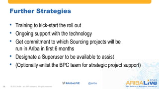 #AribaLIVE @ariba
Further Strategies
• Training to kick-start the roll out
• Ongoing support with the technology
• Get commitment to which Sourcing projects will be
run in Ariba in first 6 months
• Designate a Superuser to be available to assist
• (Optionally enlist the BPC team for strategic project support)
© 2015 Ariba – an SAP company. All rights reserved.18
 