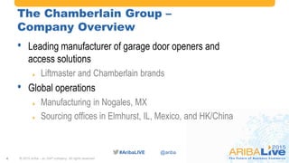 #AribaLIVE @ariba
The Chamberlain Group –
Company Overview
• Leading manufacturer of garage door openers and
access solutions
 Liftmaster and Chamberlain brands
• Global operations
 Manufacturing in Nogales, MX
 Sourcing offices in Elmhurst, IL, Mexico, and HK/China
© 2015 Ariba – an SAP company. All rights reserved.4
 
