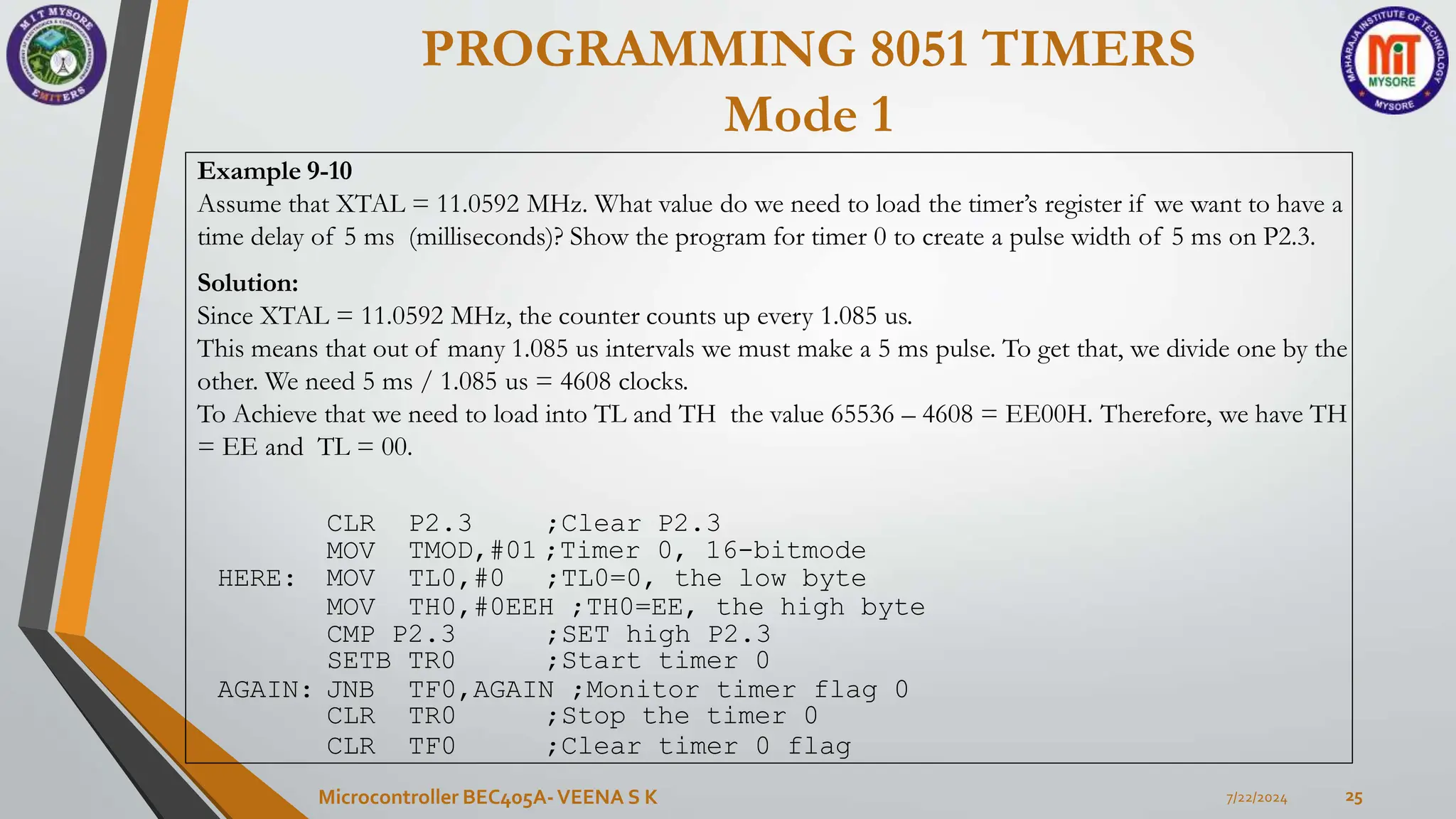 PROGRAMMING 8051 TIMERS
Mode 1
7/22/2024
Microcontroller BEC405A-VEENA S K 25
Example 9-10
Assume that XTAL = 11.0592 MHz. What value do we need to load the timer’s register if we want to have a
time delay of 5 ms (milliseconds)? Show the program for timer 0 to create a pulse width of 5 ms on P2.3.
Solution:
Since XTAL = 11.0592 MHz, the counter counts up every 1.085 us.
This means that out of many 1.085 us intervals we must make a 5 ms pulse. To get that, we divide one by the
other. We need 5 ms / 1.085 us = 4608 clocks.
To Achieve that we need to load into TL and TH the value 65536 – 4608 = EE00H. Therefore, we have TH
= EE and TL = 00.
TMOD,#01 ;Timer 0, 16-bitmode
HERE:
CLR P2.3 ;Clear P2.3
MOV
MOV TL0,#0 ;TL0=0, the low byte
MOV TH0,#0EEH ;TH0=EE, the high byte
CMP P2.3 ;SET high P2.3
SETB TR0 ;Start timer 0
AGAIN: JNB TF0,AGAIN ;Monitor timer flag 0
CLR TR0
CLR TF0
;Stop the timer 0
;Clear timer 0 flag
 