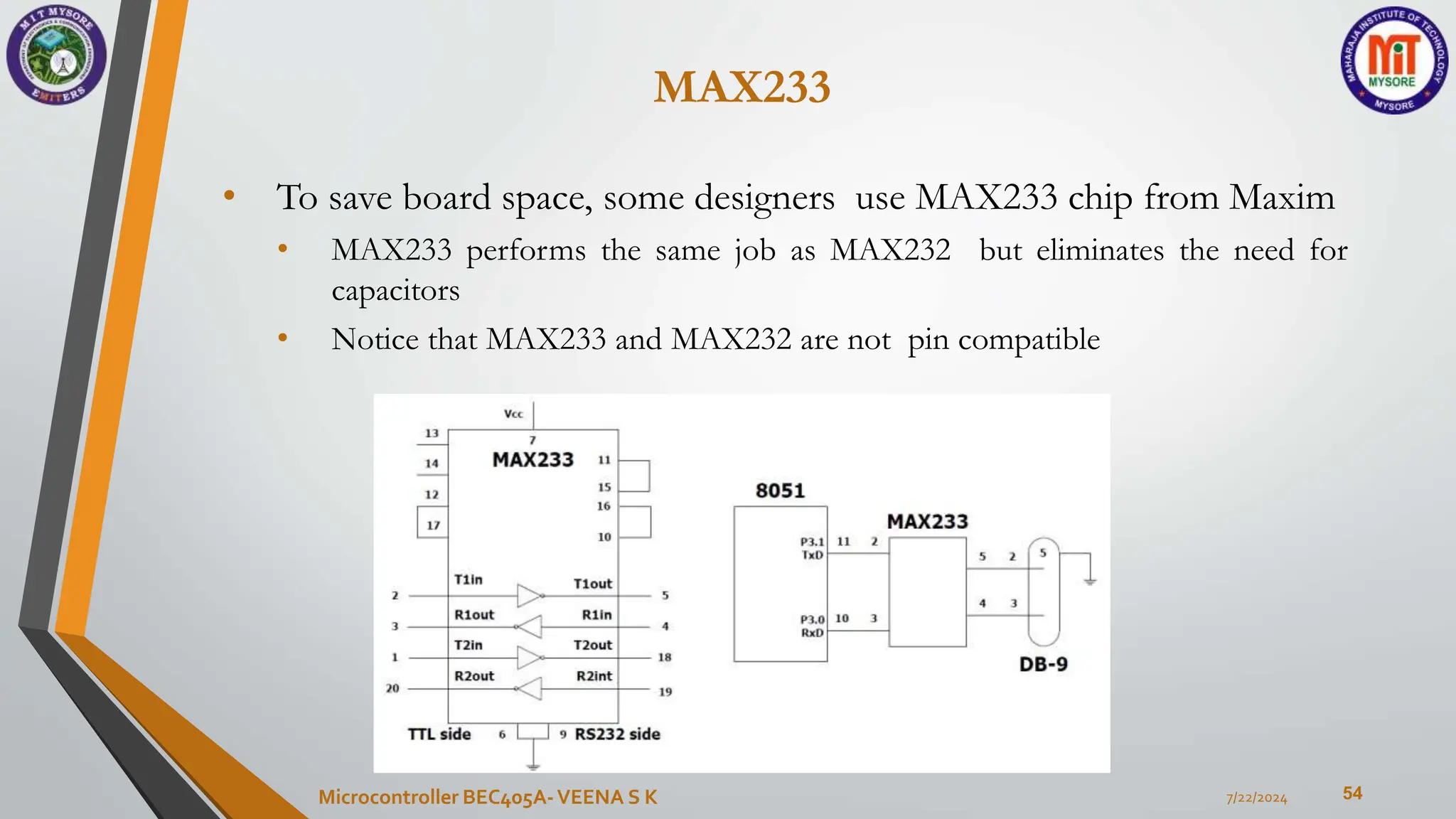 MAX233
54
• To save board space, some designers use MAX233 chip from Maxim
• MAX233 performs the same job as MAX232 but eliminates the need for
capacitors
• Notice that MAX233 and MAX232 are not pin compatible
7/22/2024
Microcontroller BEC405A-VEENA S K
 