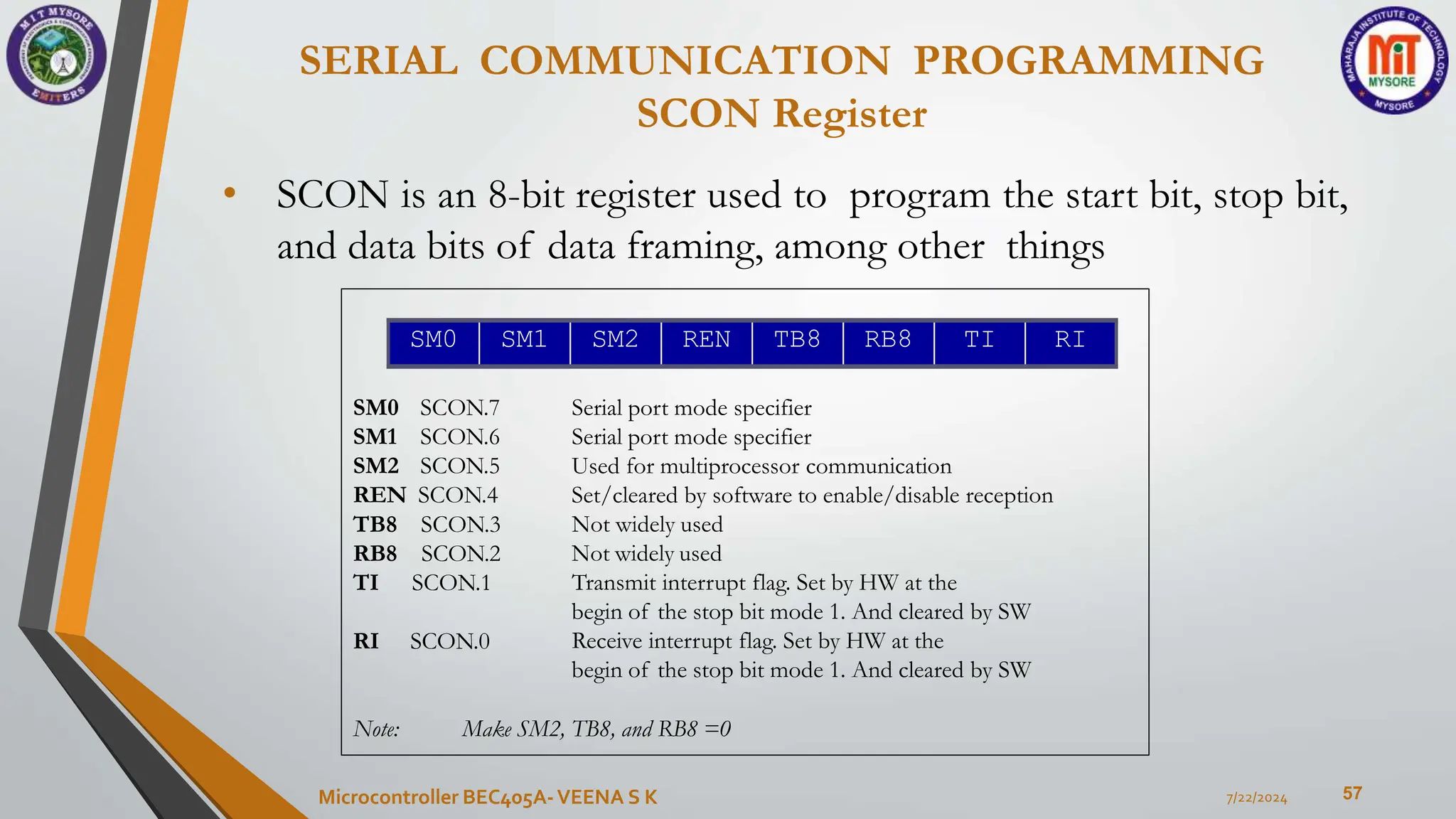 SERIAL COMMUNICATION PROGRAMMING
SCON Register
57
• SCON is an 8-bit register used to program the start bit, stop bit,
and data bits of data framing, among other things
7/22/2024
Microcontroller BEC405A-VEENA S K
SM0 SCON.7
SM1 SCON.6
SM2 SCON.5
REN SCON.4
TB8 SCON.3
RB8 SCON.2
TI SCON.1
RI SCON.0
Serial port mode specifier
Serial port mode specifier
Used for multiprocessor communication
Set/cleared by software to enable/disable reception
Not widely used
Not widely used
Transmit interrupt flag. Set by HW at the
begin of the stop bit mode 1. And cleared by SW
Receive interrupt flag. Set by HW at the
begin of the stop bit mode 1. And cleared by SW
Note: Make SM2, TB8, and RB8 =0
SM0 SM1 SM2 REN TB8 RB8 TI RI
 