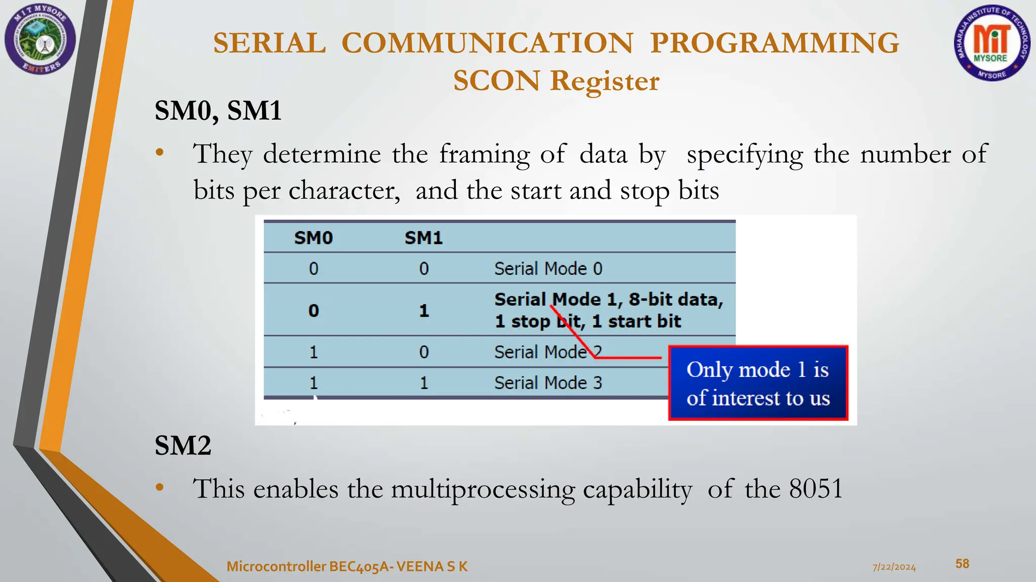 SERIAL COMMUNICATION PROGRAMMING
SCON Register
58
SM0, SM1
• They determine the framing of data by specifying the number of
bits per character, and the start and stop bits
SM2
• This enables the multiprocessing capability of the 8051
7/22/2024
Microcontroller BEC405A-VEENA S K
 