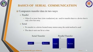 BASICS OF SERIAL COMMUNICATION
36
 Computers transfer data in two ways:
 Parallel
 Often 8 or more lines (wire conductors) are used to transfer data to a device that is
only a few feet away
 Serial
 To transfer to a device located many meters away, the serial method is used
 The data is sent one bit at a time
Serial Transfer Parallel Transfer
7/22/2024
Microcontroller BEC405A-VEENA S K
Sender Receiver Sender Receiver
D0
D7
 