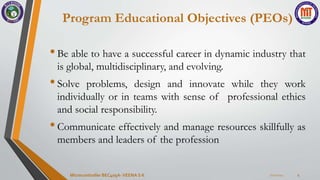 Program Educational Objectives (PEOs)
•Be able to have a successful career in dynamic industry that
is global, multidisciplinary, and evolving.
•Solve problems, design and innovate while they work
individually or in teams with sense of professional ethics
and social responsibility.
•Communicate effectively and manage resources skillfully as
members and leaders of the profession
7/22/2024
Microcontroller BEC405A-VEENA S K 4
 