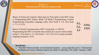 Module – 3
Timers/Counters & Serial port programming:
RBT Level
COs
addressed
Basics of Timers & Counters, Data types & Time delay in the 8051 using
C, Programming 8051 Timers, Mode 1 & Mode 2 Programming, Counter
Programming (Assembly Language only). (Text book 2- 3.4, Text book
1- 7.1, 9.1,9.2)
Basics of Serial Communication, 8051 Connection to RS232,
Programming the 8051 to transfer data serially & to receive data serially
using C.( Text book 2- 3.5, Text book 1- 10.1,10.2,10.3 except assembly
language programs, 10.5)
L1,
L2,
L3
CO2,
CO3
7/22/2024
Microcontroller BEC405A-VEENA S K 6
Text Books:
1. “The 8051 Microcontroller and Embedded Systems – using assembly and C”, Muhammad
Ali Mazidi and Janice Gillespie Mazidi and Rollin D. McKinlay; PHI, 2006 / Pearson, 2006.
 