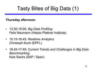 Tasty Bites of Big Data (1)
Thursday afternoon
• 13:30-15:00: Big Data Profiling
Felix Naumann (Hasso Plattner Institute)
• 15:15-16:45: Realtime Analytics
Christoph Koch (EPFL)
• 16:45-17:45: Current Trends and Challenges in Big Data
Benchmarking
Kais Sachs (SAP / Spec)
19
 