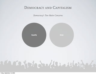 Democracy and Capitalism
                                  Democracy’s Two Main Concerns




                                Equality                    Order




Friday, September 18, 2009
 