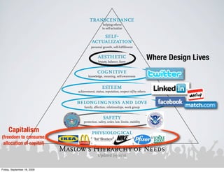 transcendance
                                                              helping others
                                                             to self-actualize

                                                        self-
                                                    actualization
                                                   personal growth, self-fulfillment


                                                         aesthetic
                                                         beauty, balance, form
                                                                                                 Where Design Lives
                                                        cognitive
                                                 knowledge, meaning, self-awareness


                                                            esteem
                                         achievement, status, reputation, respect of/by others


                                        belongingness and love
                                              family, affection, relationships, work group


                                                             safety
                                             protection, safety, order, law, limits, stability


     Capitalism                                     physiological
(freedom to consume,          air, food, drink, shelter, warmth, sex, sleep, exercise, freedom from disease
 allocation of capital)
                             Maslow’s Hierarchy of Needs
                                                         Updated (1990’s)


Friday, September 18, 2009
 