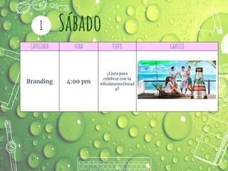 CATEGORíA HORA TEXTO GRáFICO
Branding 4:00 pm
¿Lista para
celebrar con la
#RealmenteDorad
a?
Sábado
I
 