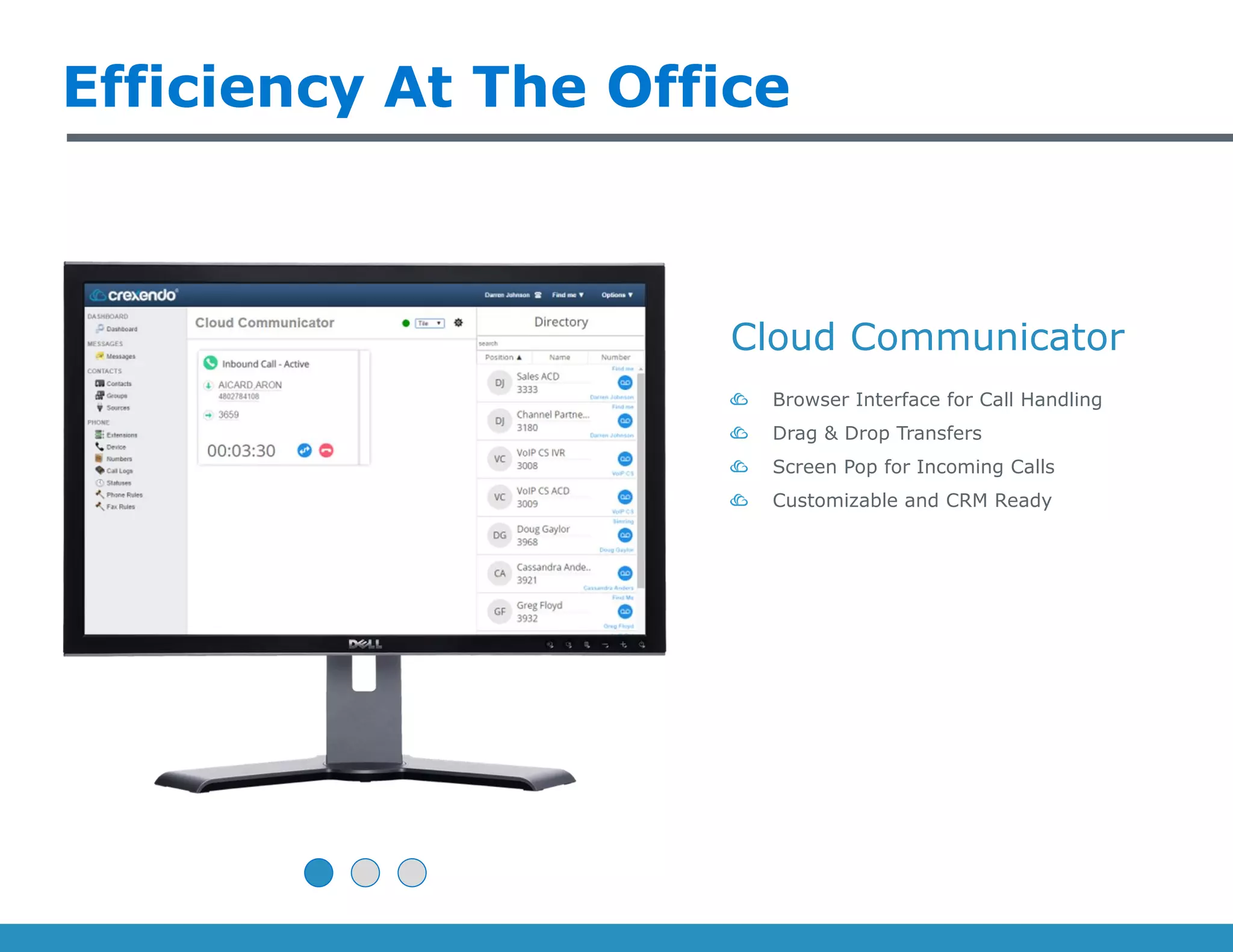 Efficiency At The Office
Cloud Communicator
Browser Interface for Call Handling
Drag & Drop Transfers
Screen Pop for Incoming Calls
Customizable and CRM Ready
 