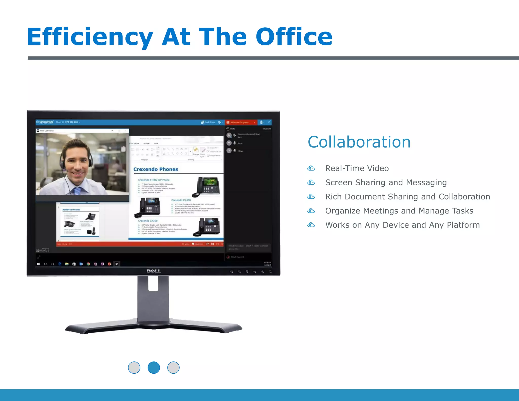 Efficiency At The Office
Collaboration
Real-Time Video
Screen Sharing and Messaging
Rich Document Sharing and Collaboration
Organize Meetings and Manage Tasks
Works on Any Device and Any Platform
 