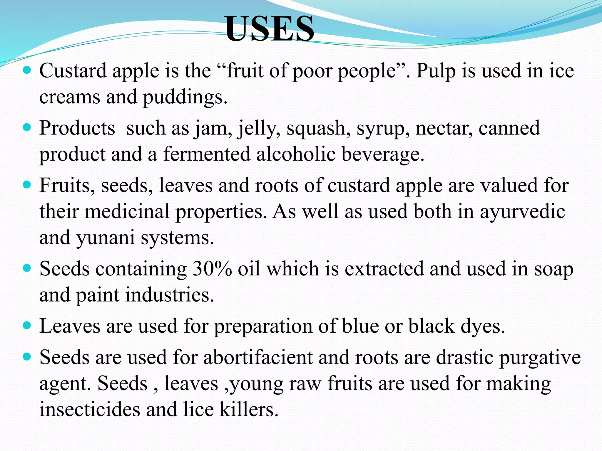 USES
 Custard apple is the “fruit of poor people”. Pulp is used in ice
creams and puddings.
 Products such as jam, jelly, squash, syrup, nectar, canned
product and a fermented alcoholic beverage.
 Fruits, seeds, leaves and roots of custard apple are valued for
their medicinal properties. As well as used both in ayurvedic
and yunani systems.
 Seeds containing 30% oil which is extracted and used in soap
and paint industries.
 Leaves are used for preparation of blue or black dyes.
 Seeds are used for abortifacient and roots are drastic purgative
agent. Seeds , leaves ,young raw fruits are used for making
insecticides and lice killers.
 