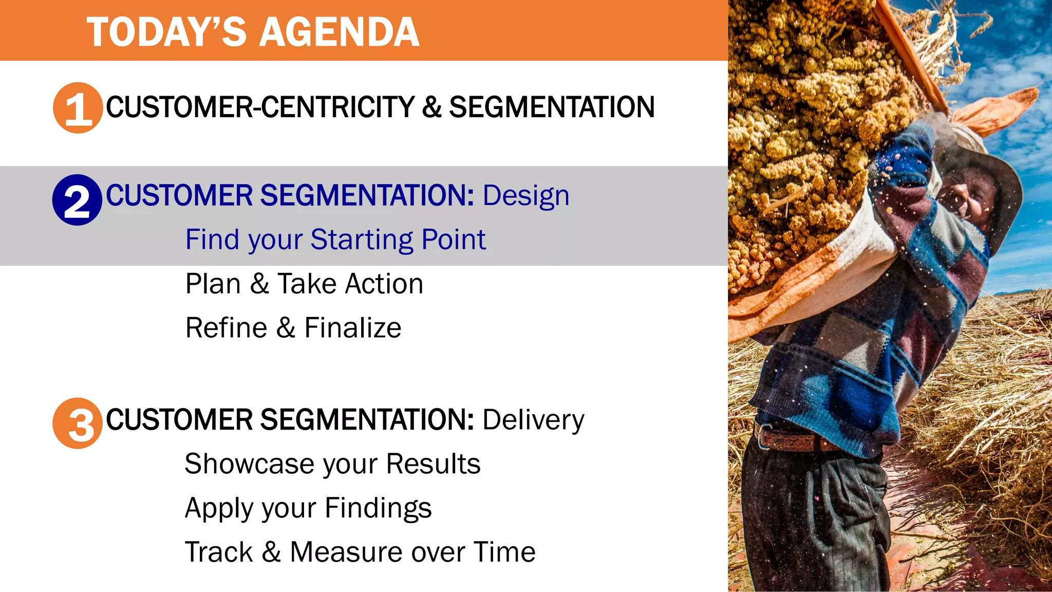 CUSTOMER-CENTRICITY & SEGMENTATION
CUSTOMER SEGMENTATION: Design
Find your Starting Point
Plan & Take Action
Refine & Finalize
CUSTOMER SEGMENTATION: Delivery
Showcase your Results
Apply your Findings
Track & Measure over Time
1
2
3
TODAY’S AGENDA
 