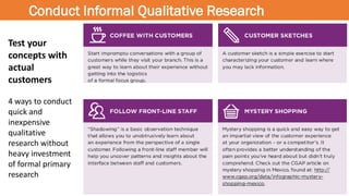 Conduct Informal Qualitative Research
Test your
concepts with
actual
customers
4 ways to conduct
quick and
inexpensive
qualitative
research without
heavy investment
of formal primary
research
 