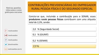 CONTRIBUIÇÕES PREVIDENCIÁRIAS DO EMPREGADOR
RURAL PESSOA FÍSICA E DO SEGURADO ESPECIAL
Conclui-se que, incluindo a contribuição para o SENAR, esses
produtores rurais pessoas físicas contribuem com uma alíquota
total de 2,3%, sendo:
2,0 % (Seguridade Social)
0,1 % (GILRAT)
0,2 % (SENAR)
 