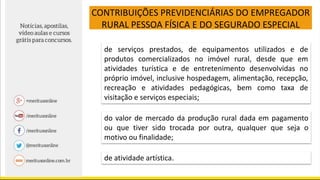 CONTRIBUIÇÕES PREVIDENCIÁRIAS DO EMPREGADOR
RURAL PESSOA FÍSICA E DO SEGURADO ESPECIAL
de serviços prestados, de equipamentos utilizados e de
produtos comercializados no imóvel rural, desde que em
atividades turística e de entretenimento desenvolvidas no
próprio imóvel, inclusive hospedagem, alimentação, recepção,
recreação e atividades pedagógicas, bem como taxa de
visitação e serviços especiais;
do valor de mercado da produção rural dada em pagamento
ou que tiver sido trocada por outra, qualquer que seja o
motivo ou finalidade;
de atividade artística.
 