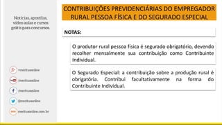 CONTRIBUIÇÕES PREVIDENCIÁRIAS DO EMPREGADOR
RURAL PESSOA FÍSICA E DO SEGURADO ESPECIAL
NOTAS:
O produtor rural pessoa física é segurado obrigatório, devendo
recolher mensalmente sua contribuição como Contribuinte
Individual.
O Segurado Especial: a contribuição sobre a produção rural é
obrigatória. Contribui facultativamente na forma do
Contribuinte Individual.
 