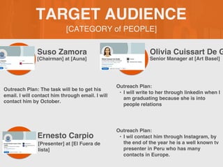 [CATEGORY of PEOPLE]
TARGET AUDIENCE
Suso Zamora
Outreach Plan: The task will be to get his
email. I will contact him through email. I will
contact him by October.
PROFILE
PICTURE
[Chairman] at [Auna]
Olivia Cuissart De G
Outreach Plan:
• I will write to her through linkedin when I
am graduating because she is into
people relations
PROFILE
PICTURE
Senior Manager at [Art Basel]
Ernesto Carpio
Outreach Plan:
• I wil contact him through Instagram, by
the end of the year he is a well known tv
presenter in Peru who has many
contacts in Europe.
PROFILE
PICTURE [Presenter] at [El Fuera de
lista]
 