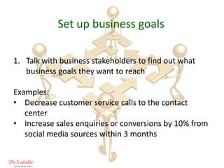 Set up business goals

1. Talk with business stakeholders to find out what
   business goals they want to reach

Examples:...