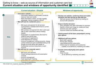 Page 7TEC-CCA01-CC_Customer_experiece_201005-ACC
Getting to know – web as source of information and customer care tool
Current situation and windows of opportunity identified
Web
2
• Information website ( www.etisalat.ae )
- Information website for all Etisalat’s products:
Internet, fixed and mobile
- Most information is there, but site is poorly
structured, making navigation difficult
• Web self-care for residential users (www.e4me.ae
)
- Bill inquiry and payment for all services
(summarized or detailed bill format for current
+3 billing cycles)
- Bill summary and payment for other users (pay
bills of other subscribers without viewing
details)
- Subscription to supplementary Services for
GSM & Fixed phone lines
- Track status of applications
- Fault Reporting & Tracking
- Account management: linking accounts, change
contact details and get consolidated listing of all
Etisalat accounts along with details on
facilities/star services subscribed on each
account
• Web self-care for corporate users (
www.etisalatb2b.ae.ae)
- Bill Inquiry and payment
- Wasel recharge payments and subscription
renewal
- Account management
- Fault reporting & Tracking
- Subscription to supplementary services
- Tracking of Applications
• Develop one website, combining fixed and mobile
solutions and also serving as web self-care
- Self-care access only for clients by creating an
account with password
• Ensure intuitive structure
- Easy navigation and clear information on services
- Specific content and image for mobile and fixed
services (use color coding?)
- Improve content and facilitate self-help
• Clearly present all the basic pre/postpaid pricing
plan options
• Additional self-care options
- Band width upgrade
- Pricing plan changes
- Value-added service subscription
- Online shop for handsets and accessories
- ... (viability to be defined by marketing and sales)
• Include community/loyalty tools options
- Games
- Chat/ Forums
- … (to be defined by marketing and sales)
Current situation - Etisalat Windows of opportunity
 