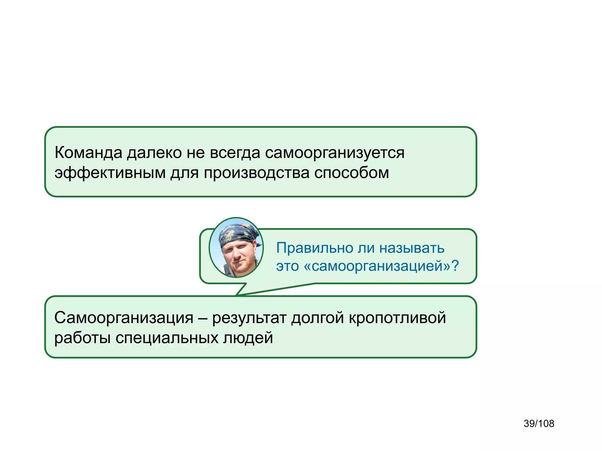 Команда далеко не всегда самоорганизуется
эффективным для производства способом

Правильно ли называть
это «самоорганизацией»?

Самоорганизация – результат долгой кропотливой
работы специальных людей

39/108

 