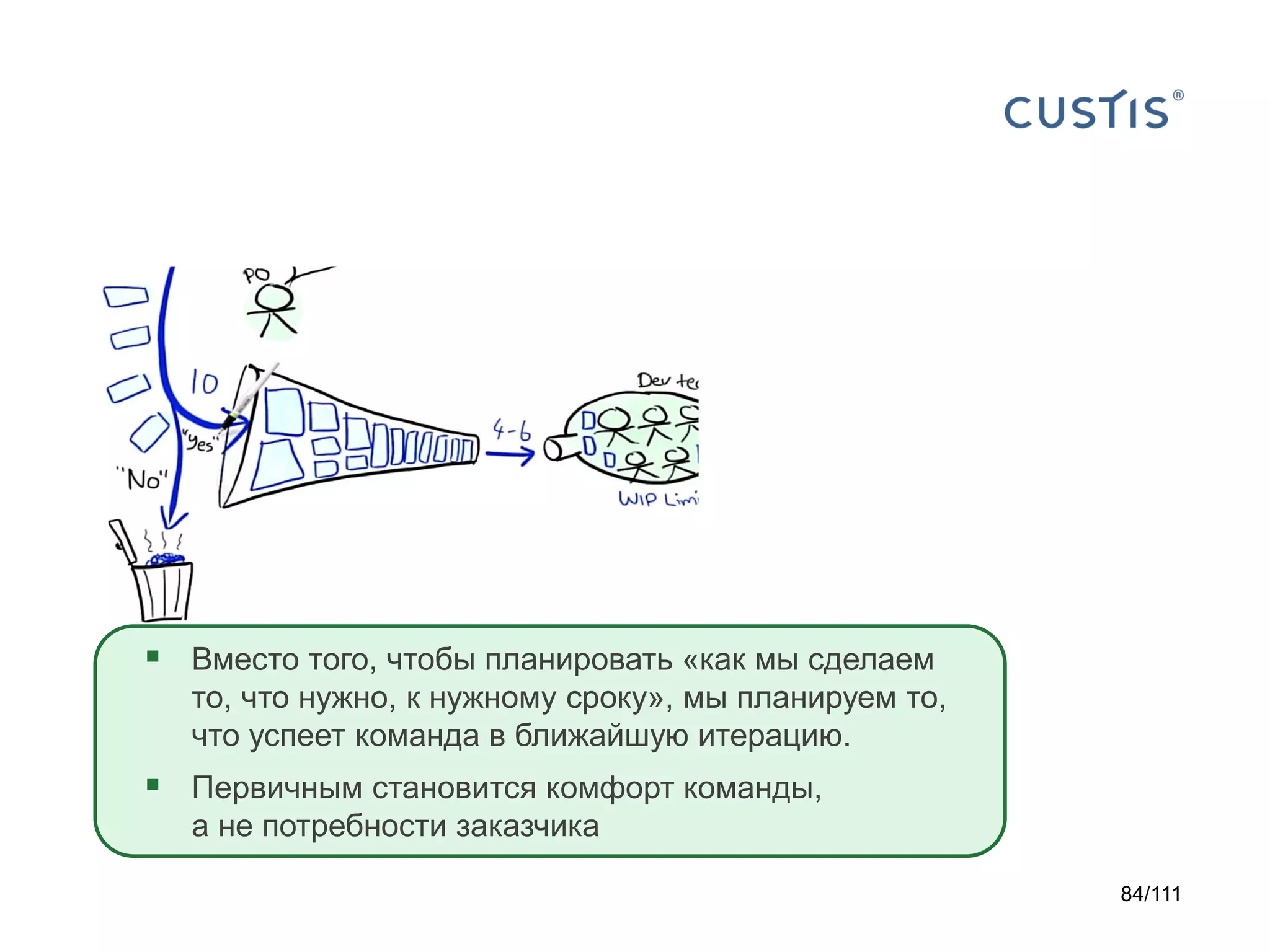  Вместо того, чтобы планировать «как мы сделаем
то, что нужно, к нужному сроку», мы планируем то,
что успеет команда в ближайшую итерацию.

 Первичным становится комфорт команды,
а не потребности заказчика
84/111

 