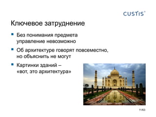 Ключевое затруднение 
Без понимания предмета управление невозможно 
Об архитектуре говорят повсеместно, но объяснить не могут 
Картинки зданий – «вот, это архитектура» 
11/63 
 