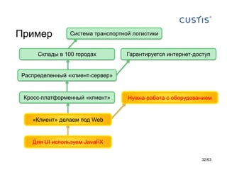Пример 
Система транспортной логистики 
Склады в 100 городах 
Гарантируется интернет-доступ 
Распределенный «клиент-сервер» 
Кросс-платформенный «клиент» 
Нужна работа с оборудованием 
«Клиент» пишем на Java 
Для UI используем JavaFX 
«Клиент» делаем под Web 
32/63 
 