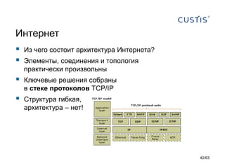 Интернет 
Из чего состоит архитектура Интернета? 
Элементы, соединения и топология практически произвольны 
Ключевые решения собраны в стеке протоколовTCP/IP 
Структура гибкая, архитектура –нет! 
42/63 
 