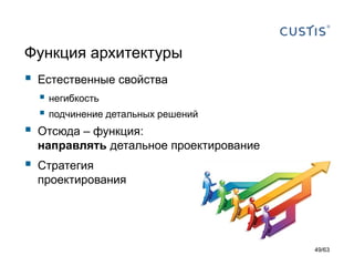 Функция архитектуры 
Естественные свойства 
негибкость 
подчинение детальных решений 
Отсюда –функция: направлятьдетальное проектирование 
Стратегия проектирования 
49/63 
 