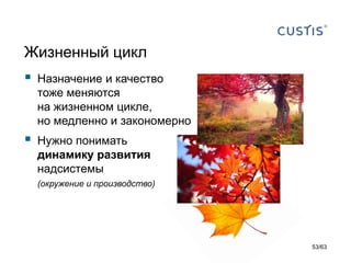 Жизненный цикл 
Назначение и качество тоже меняются на жизненном цикле, но медленно и закономерно 
Нужно пониматьдинамику развитиянадсистемы(окружение и производство) 
53/63 
 
