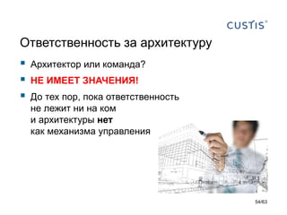 Ответственность за архитектуру 
Архитектор или команда? 
НЕ ИМЕЕТ ЗНАЧЕНИЯ! 
До тех пор, пока ответственность не лежит ни на коми архитектуры неткак механизма управления 
54/63 
 