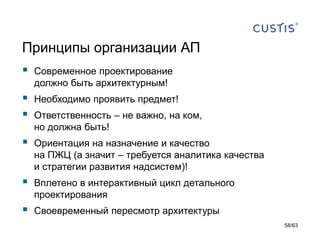Принципы организации АП 
Современное проектирование должно быть архитектурным! 
Необходимо проявить предмет! 
Ответственность –не важно, на ком, но должна быть! 
Ориентация на назначение и качество на ПЖЦ (а значит –требуется аналитика качества и стратегии развития надсистем)! 
Вплетено в интерактивный цикл детального проектирования 
Своевременный пересмотр архитектуры 
58/63 
 