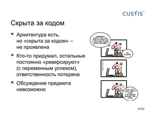 Скрыта за кодом 
Архитектура есть, но «скрыта за кодом»– не проявлена 
Кто-то придумал, остальные постоянно «реверсируют» (с переменным успехом), ответственность потеряна 
Обсуждение предмета невозможно 
67/63 
 