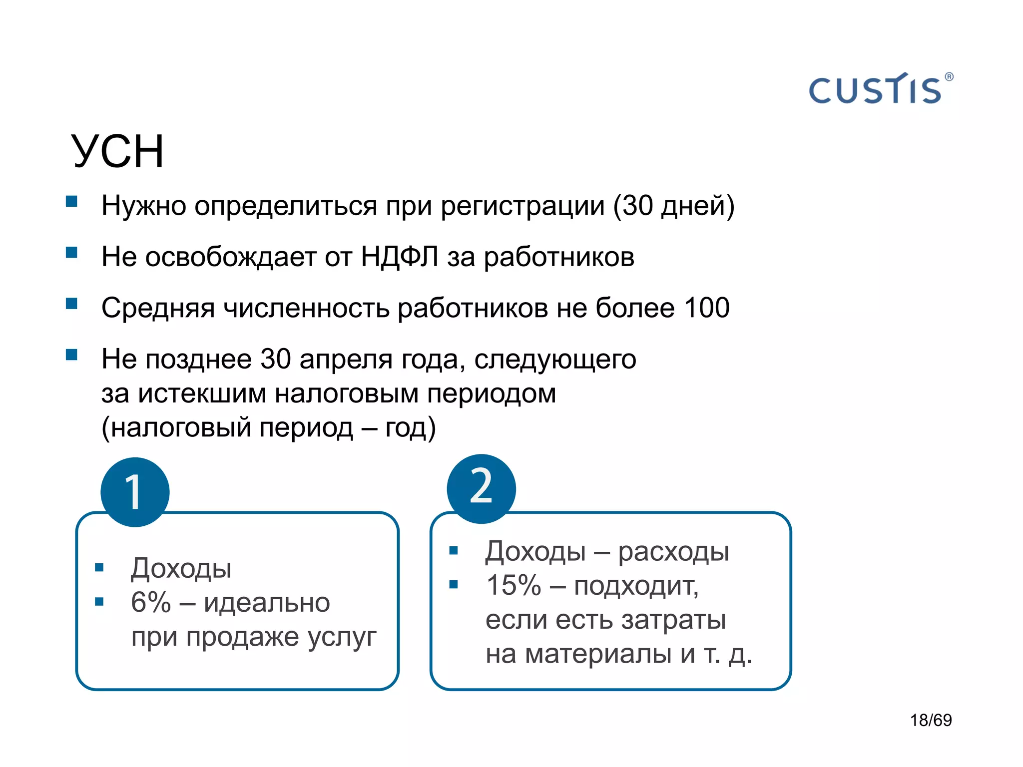 УСН
 Нужно определиться при регистрации (30 дней)
 Не освобождает от НДФЛ за работников
 Средняя численность работников не более 100
 Не позднее 30 апреля года, следующего
за истекшим налоговым периодом
(налоговый период – год)
 Доходы
 6% – идеально
при продаже услуг
 Доходы – расходы
 15% – подходит,
если есть затраты
на материалы и т. д.
18/69
 
