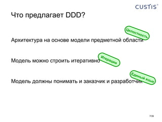 Что предлагает  DDD ? <ul><li>Архитектура на основе модели предметной области </li></ul><ul><li>Модель можно строить итера...